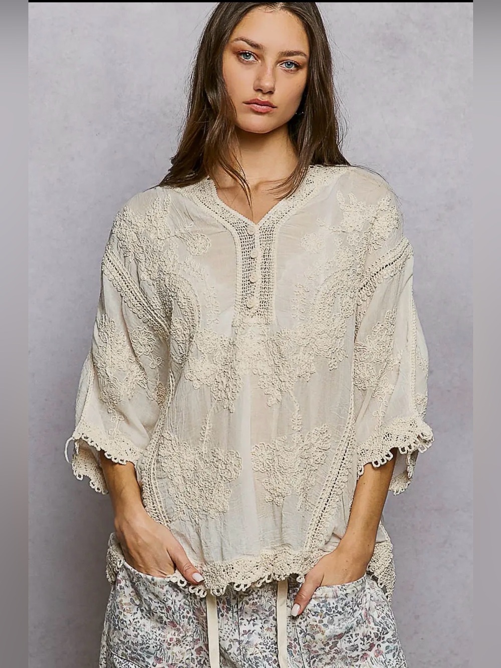 Beige POL white lace crochet tapestry patchwork floral cardigan tunic top blouse